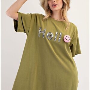 E16 Olive Green Graphic Tee Dress with Smiley Patch